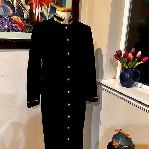 Black and Gold " Military Look" 80s Coat Dress by Leslie Fay Petites - Sz 8 - Picture 7 of 14